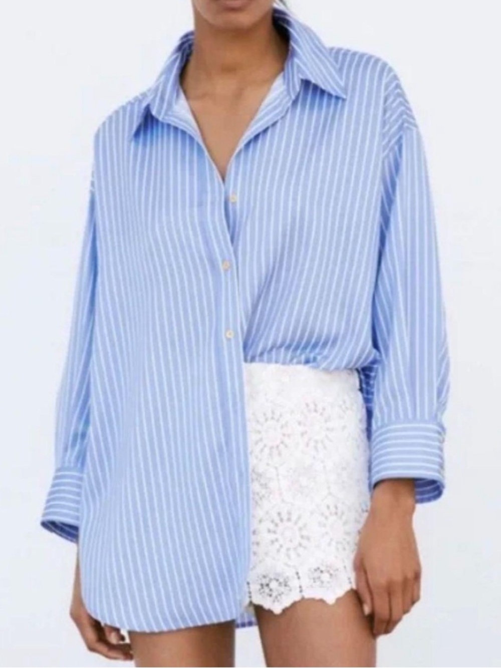 Zara Blue & White Vertical Stripe Button-Down Shirt Oversized Small